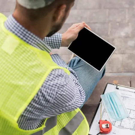 Ein Bauleiter hält ein Tablet in der Hand und bespricht ein Projekt.